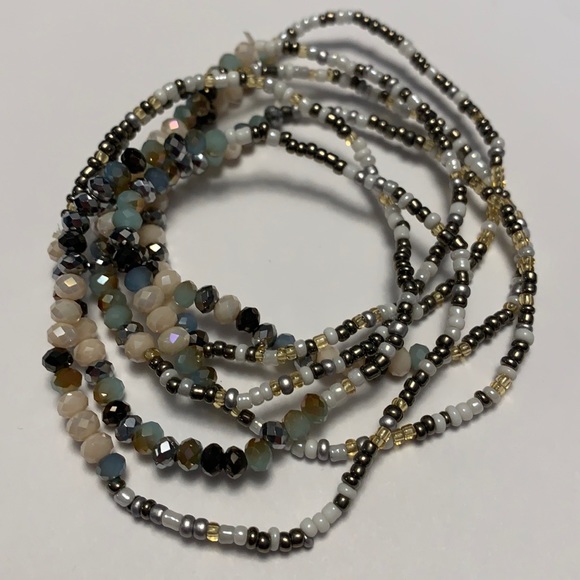 Semi Precious Stone, Crystal and Seed Bead Bracelet Set of 6 NEW - Picture 2 of 3